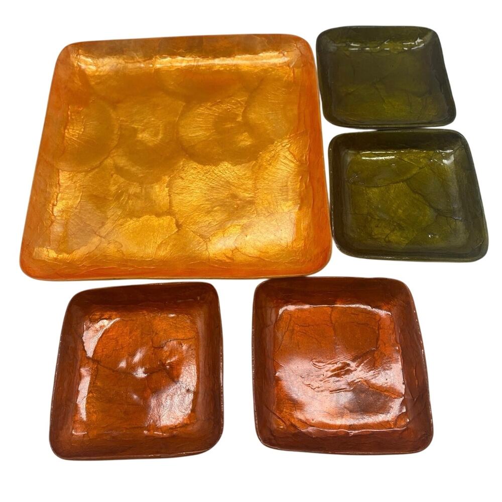 Vtg set 5 pc COLORIZED CAPIZ SHELL tray & plates.Orange,Green,Gold Mascagni look